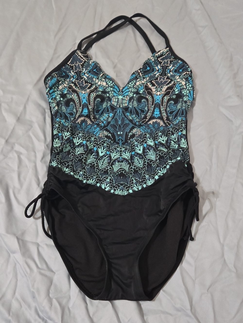 Aqua Green Black One-Piece Swimsuit with Teal Pattern
